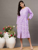 Load image into Gallery viewer, Mauve cotton dress with front button chikankari
