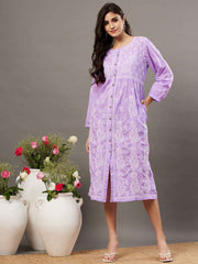 Mauve cotton dress with front button chikankari