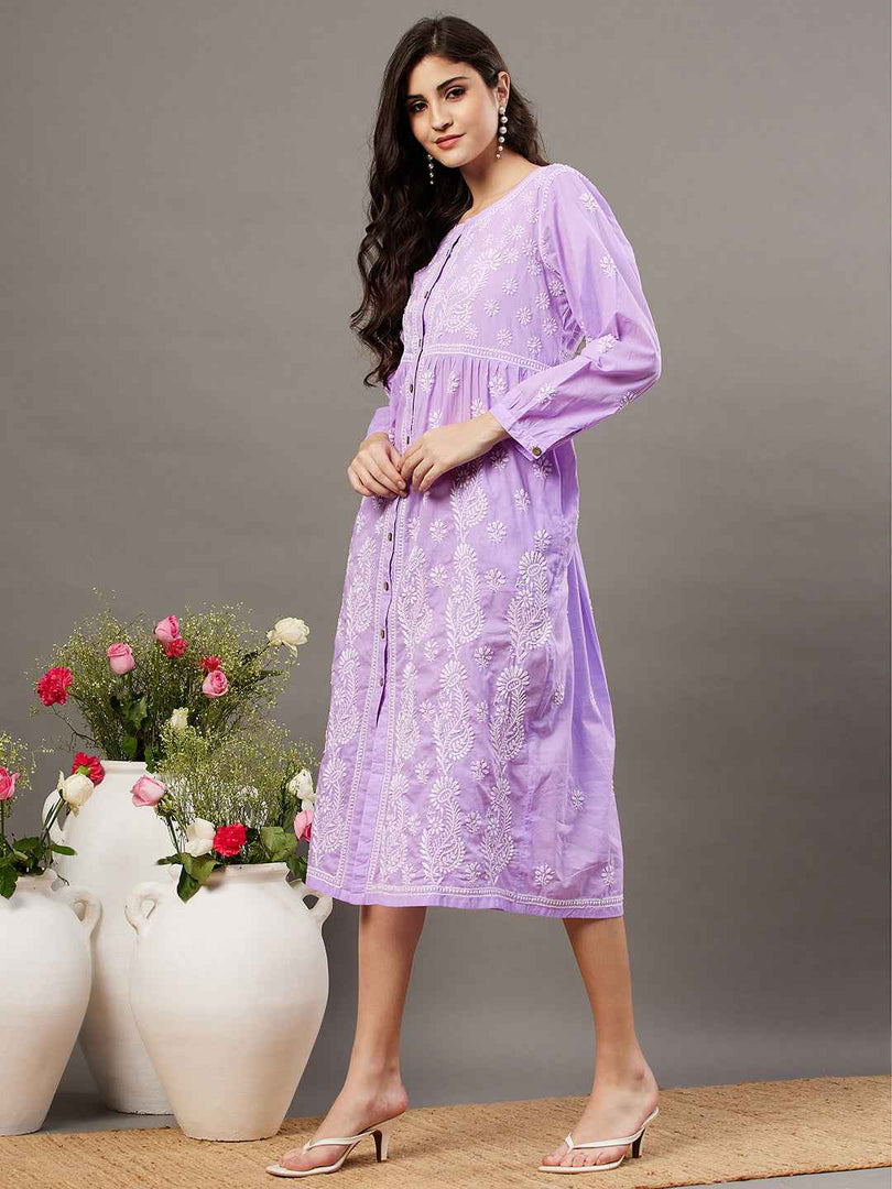 Mauve cotton dress with front button chikankari