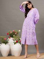 Load image into Gallery viewer, Mauve cotton dress with front button chikankari
