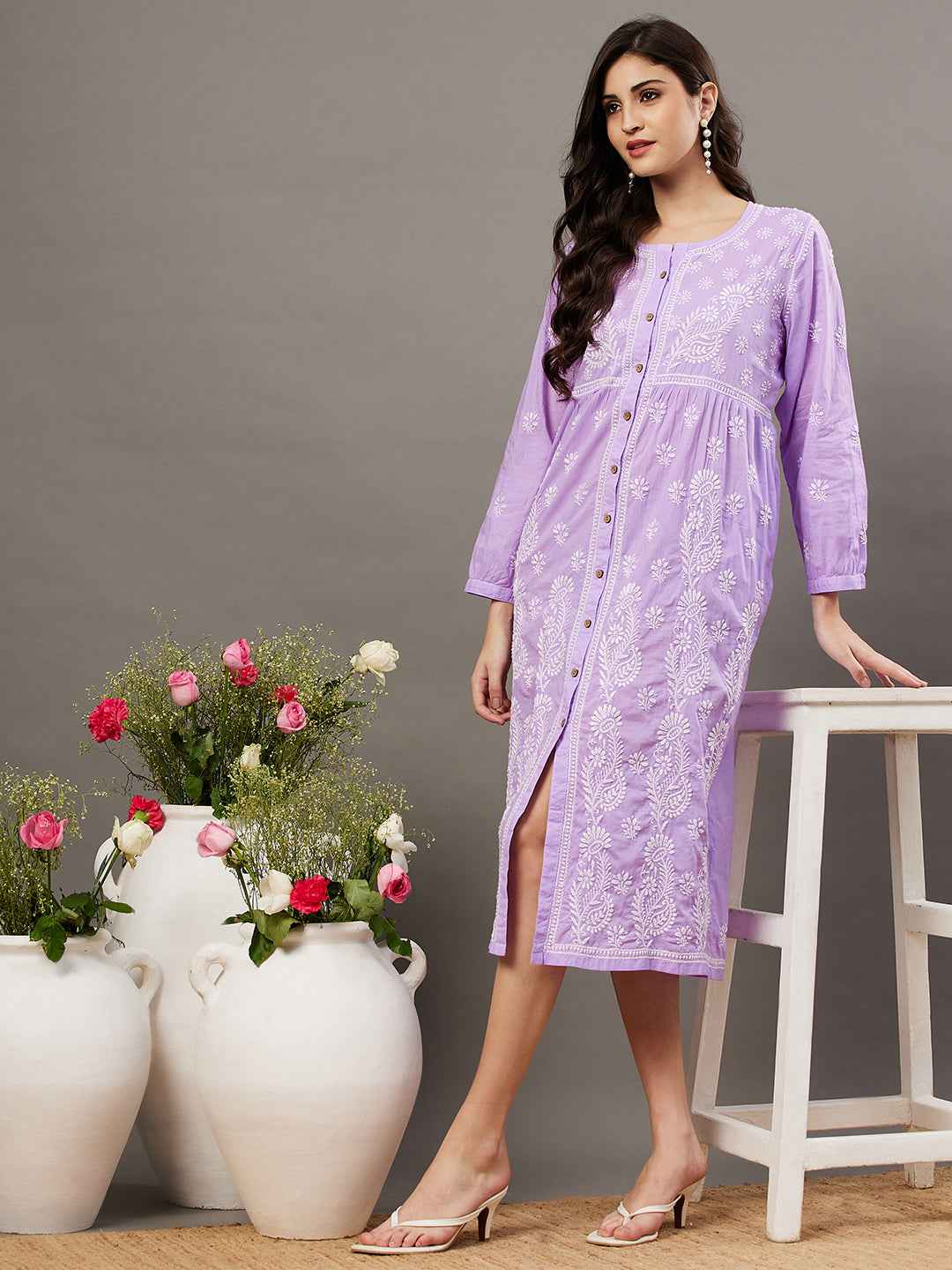 Mauve cotton dress with front button chikankari