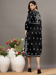 Black cotton dress with front button chikankari