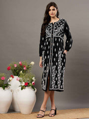 Black cotton dress with front button chikankari