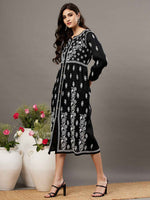Load image into Gallery viewer, Black cotton dress with front button chikankari
