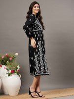 Load image into Gallery viewer, Black cotton dress with front button chikankari
