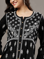 Load image into Gallery viewer, Black cotton dress with front button chikankari

