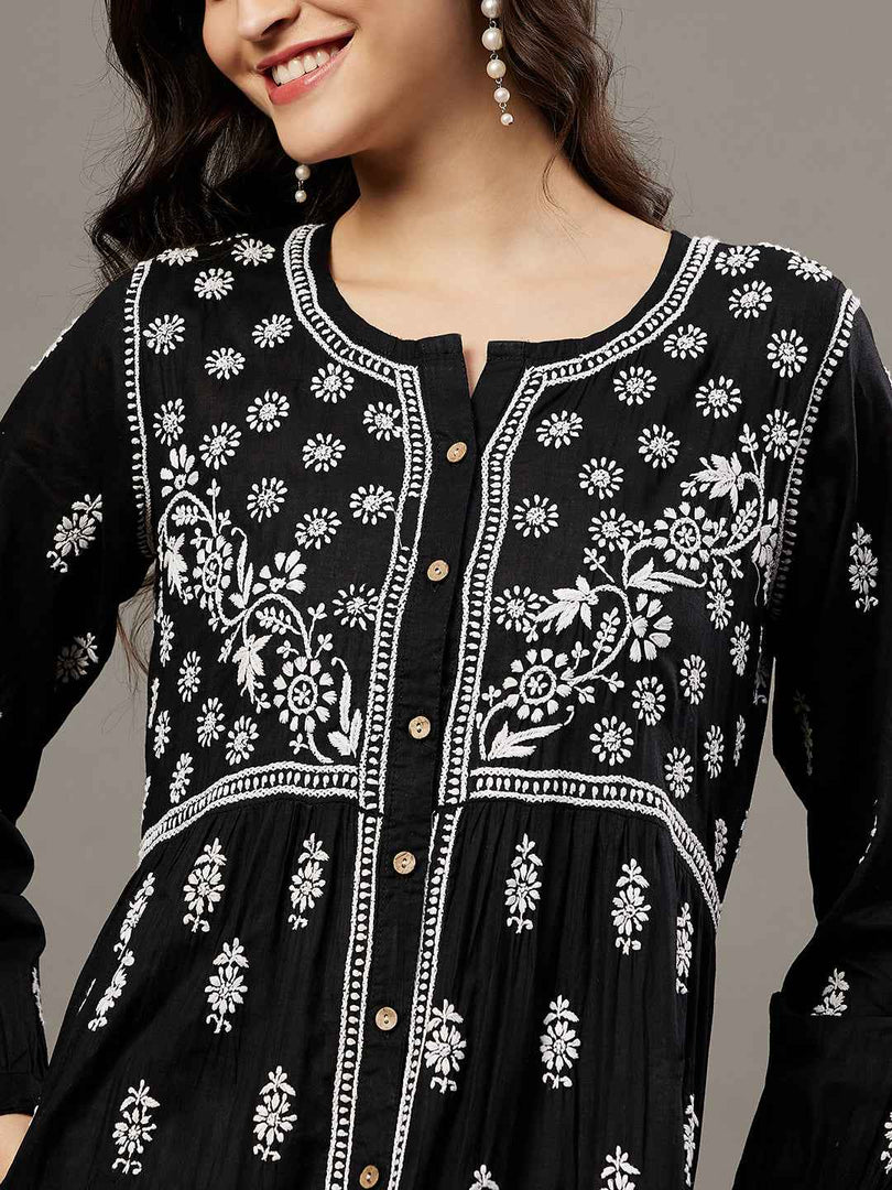 Black cotton dress with front button chikankari