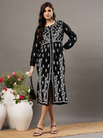 Load image into Gallery viewer, Black cotton dress with front button chikankari
