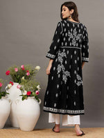 Load image into Gallery viewer, black cotton round neck anarkali with chikankari
