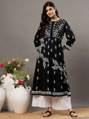 black cotton round neck anarkali with chikankari