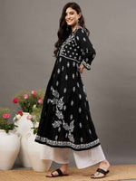 Load image into Gallery viewer, black cotton round neck anarkali with chikankari
