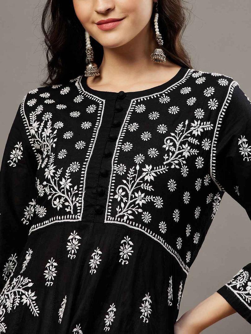 black cotton round neck anarkali with chikankari