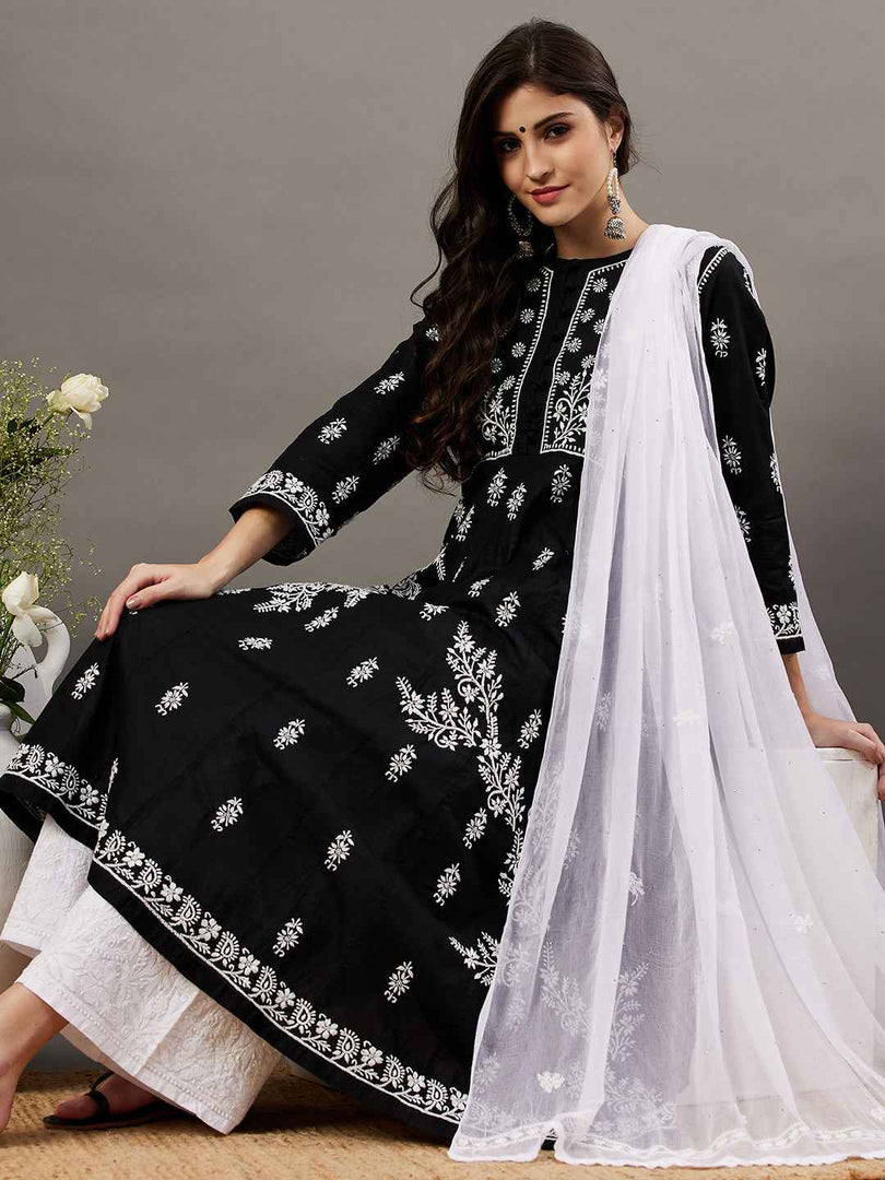 black cotton round neck anarkali with chikankari