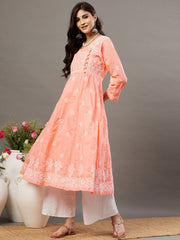 Peach side button cotton anarkali with chiknakri - Rakhi Apparels
