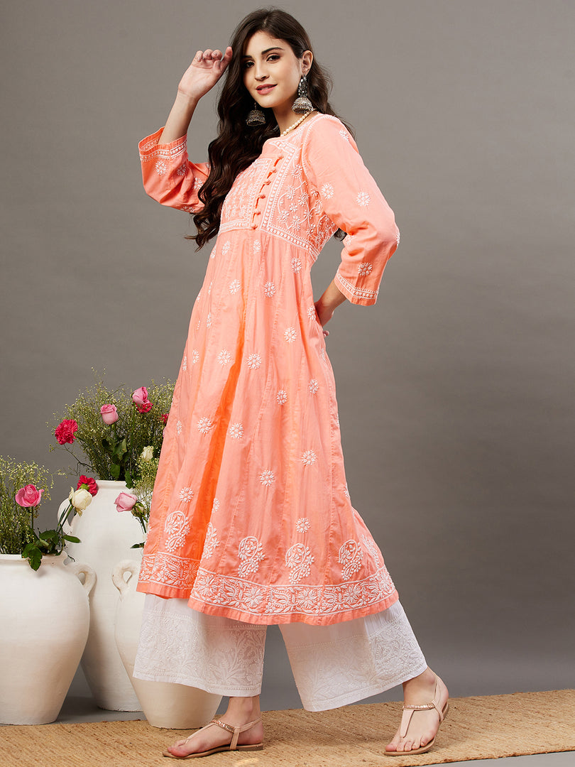 Peach side button cotton anarkali with chiknakri - Rakhi Apparels