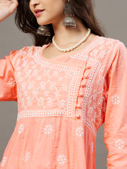 Peach side button cotton anarkali with chiknakri - Rakhi Apparels