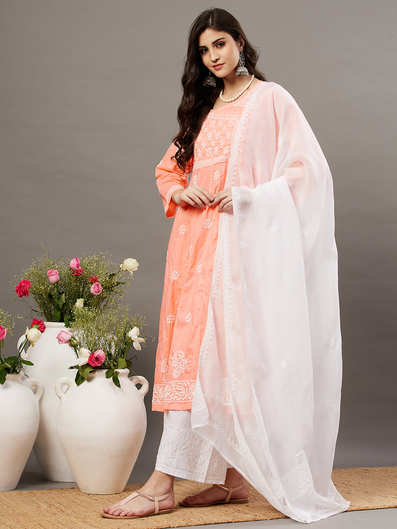 Peach side button cotton anarkali with chiknakri - Rakhi Apparels