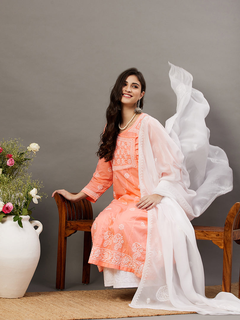 Peach side button cotton anarkali with chiknakri - Rakhi Apparels