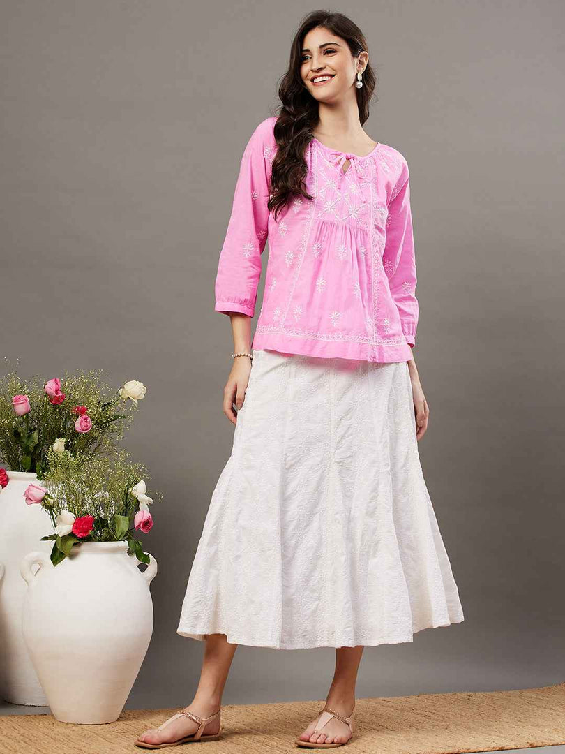 Pink chikankari cotton top