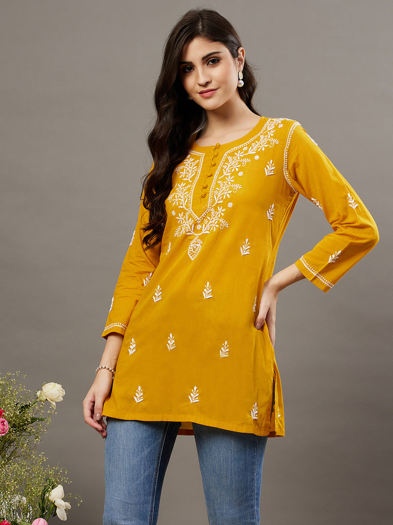 Mustard mulcotton front button top with chikankari - Rakhi Apparels