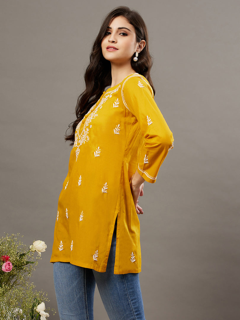 Mustard mulcotton front button top with chikankari - Rakhi Apparels