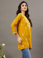 Load image into Gallery viewer, Mustard mulcotton front button top with chikankari - Rakhi Apparels
