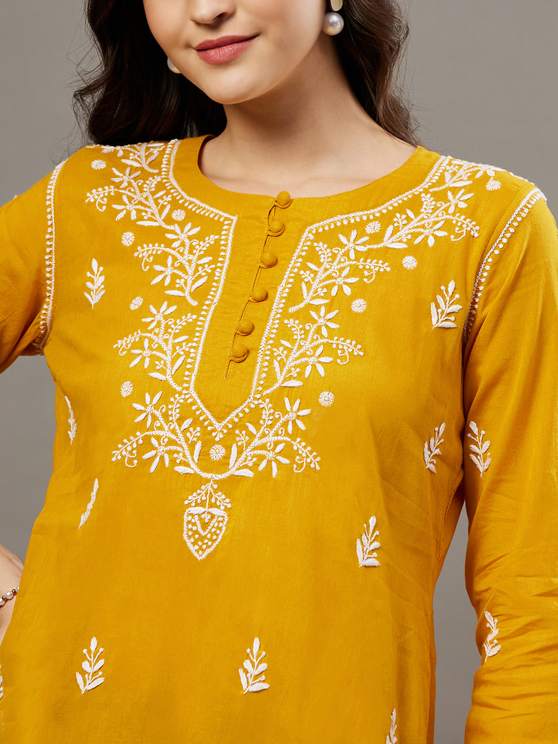 Mustard mulcotton front button top with chikankari - Rakhi Apparels