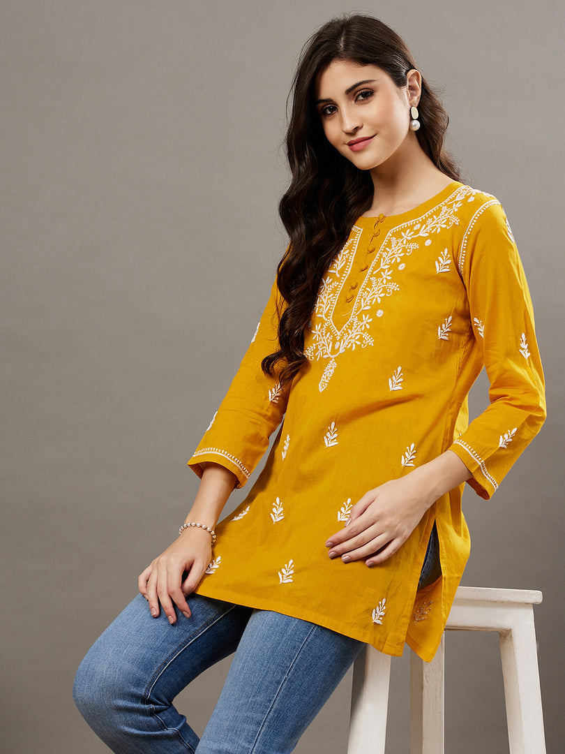 Mustard mulcotton front button top with chikankari - Rakhi Apparels