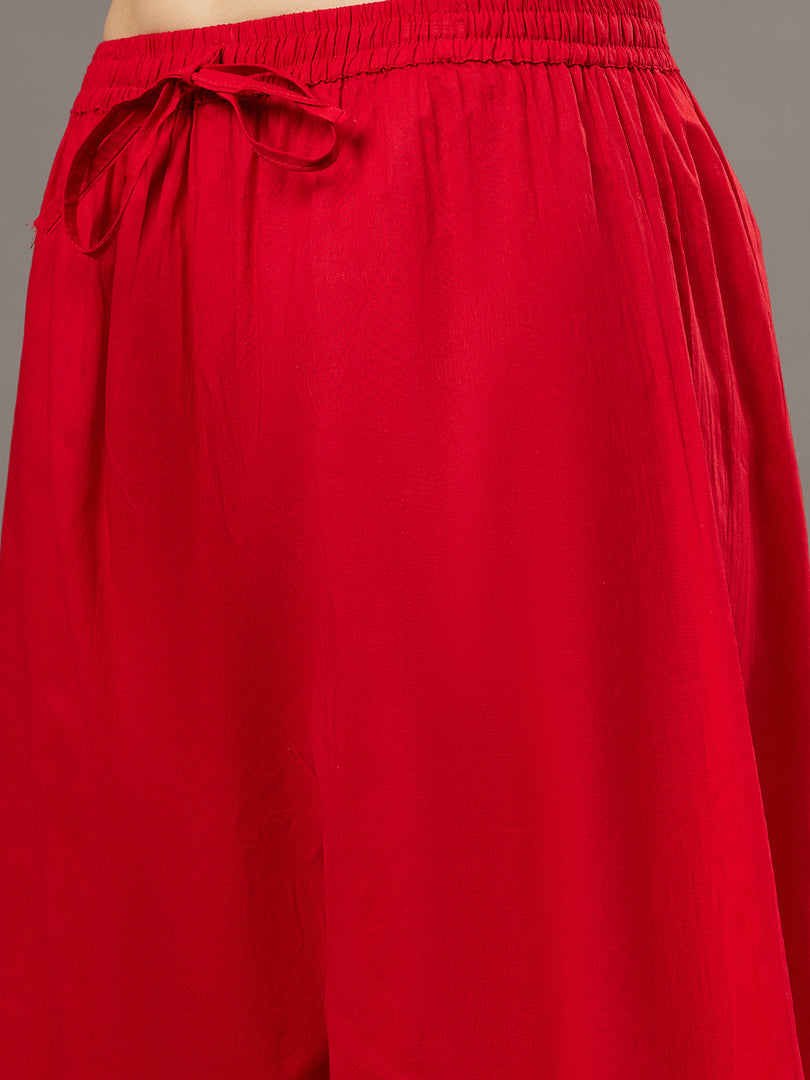 Red  cotton chikankari kurta with back ties  and palazoo set of 2 - Rakhi Apparels