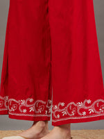 Load image into Gallery viewer, Red  cotton chikankari kurta with back ties  and palazoo set of 2 - Rakhi Apparels
