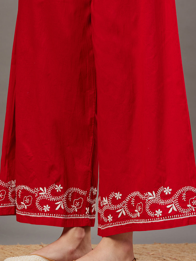 Red  cotton chikankari kurta with back ties  and palazoo set of 2 - Rakhi Apparels
