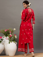 Load image into Gallery viewer, Red  cotton chikankari kurta with back ties  and palazoo set of 2 - Rakhi Apparels
