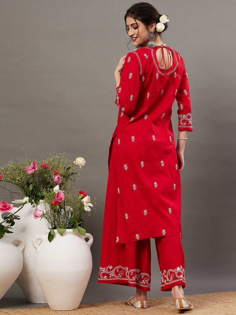 Red  cotton chikankari kurta with back ties  and palazoo set of 2 - Rakhi Apparels
