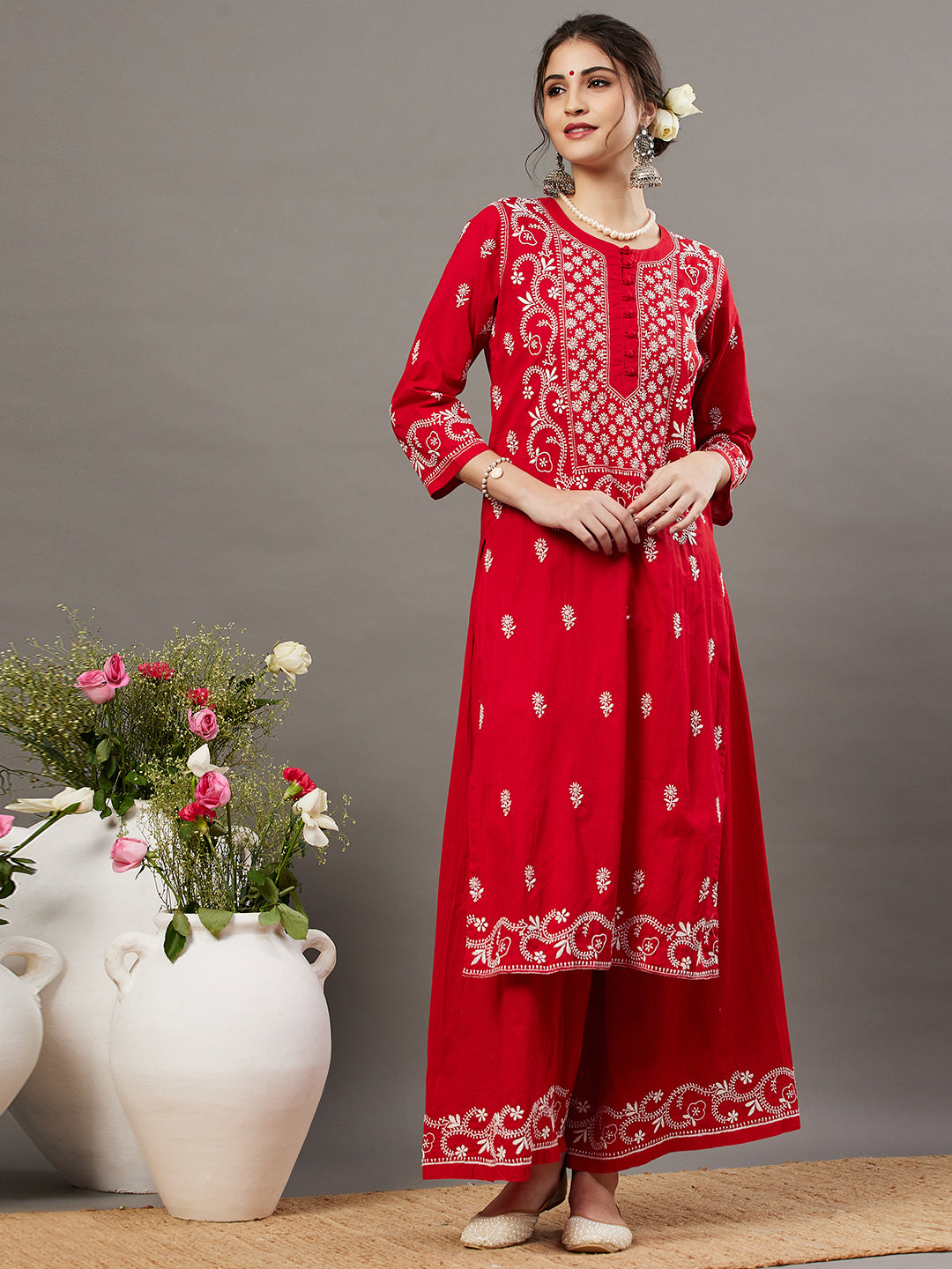 Red  cotton chikankari kurta with back ties  and palazoo set of 2 - Rakhi Apparels