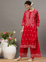 Load image into Gallery viewer, Red  cotton chikankari kurta with back ties  and palazoo set of 2 - Rakhi Apparels
