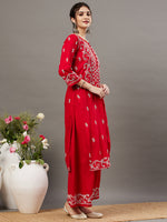 Load image into Gallery viewer, Red  cotton chikankari kurta with back ties  and palazoo set of 2 - Rakhi Apparels
