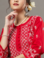 Load image into Gallery viewer, Red  cotton chikankari kurta with back ties  and palazoo set of 2 - Rakhi Apparels
