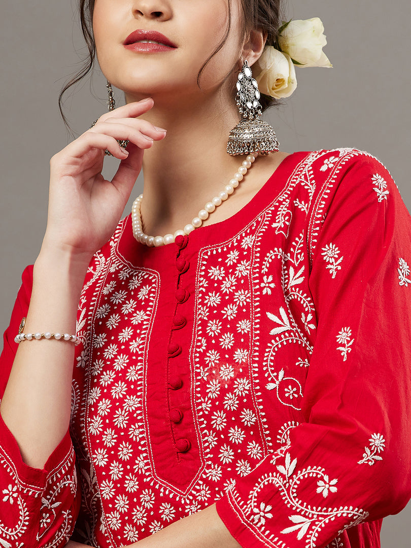 Red  cotton chikankari kurta with back ties  and palazoo set of 2 - Rakhi Apparels