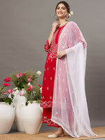 Load image into Gallery viewer, Red  cotton chikankari kurta with back ties  and palazoo set of 2 - Rakhi Apparels
