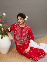 Load image into Gallery viewer, Red  cotton chikankari kurta with back ties  and palazoo set of 2 - Rakhi Apparels
