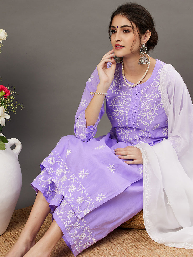 MAUVE cotton chikankari kurta and palazoo set of 2 - Rakhi Apparels