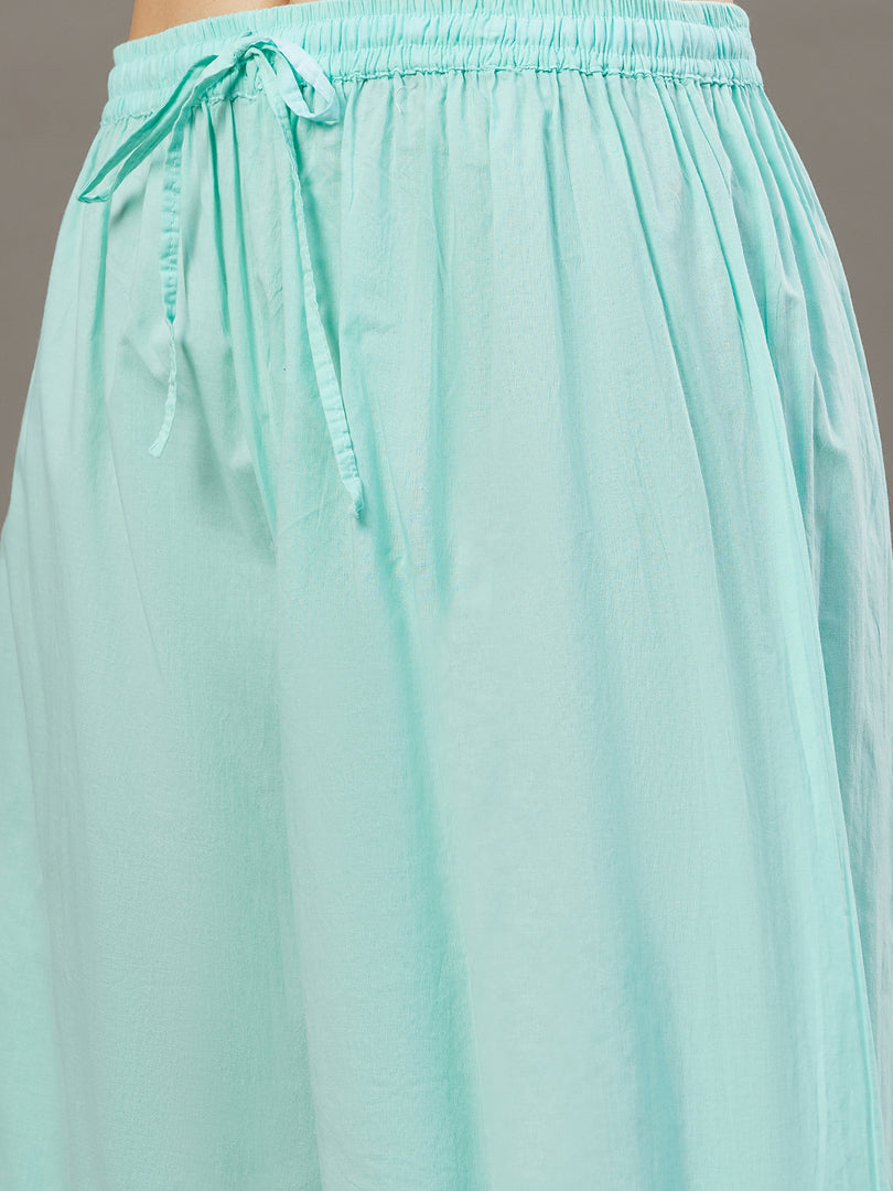 Sea green cotton chikankari kurta with back ties and palazzo set of 2 - Rakhi Apparels