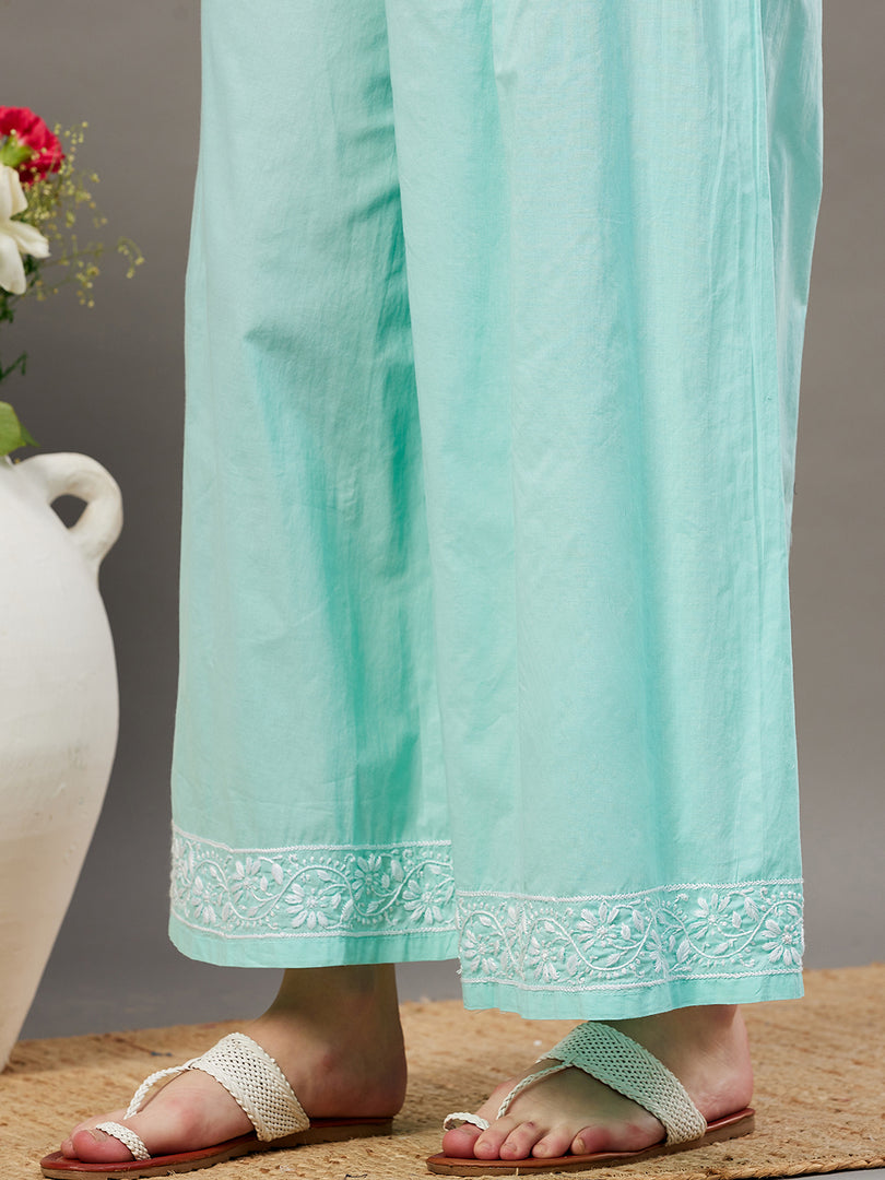 Sea green cotton chikankari kurta with back ties and palazzo set of 2 - Rakhi Apparels