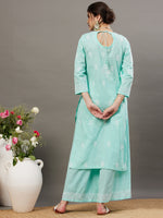 Load image into Gallery viewer, Sea green cotton chikankari kurta with back ties and palazzo set of 2 - Rakhi Apparels
