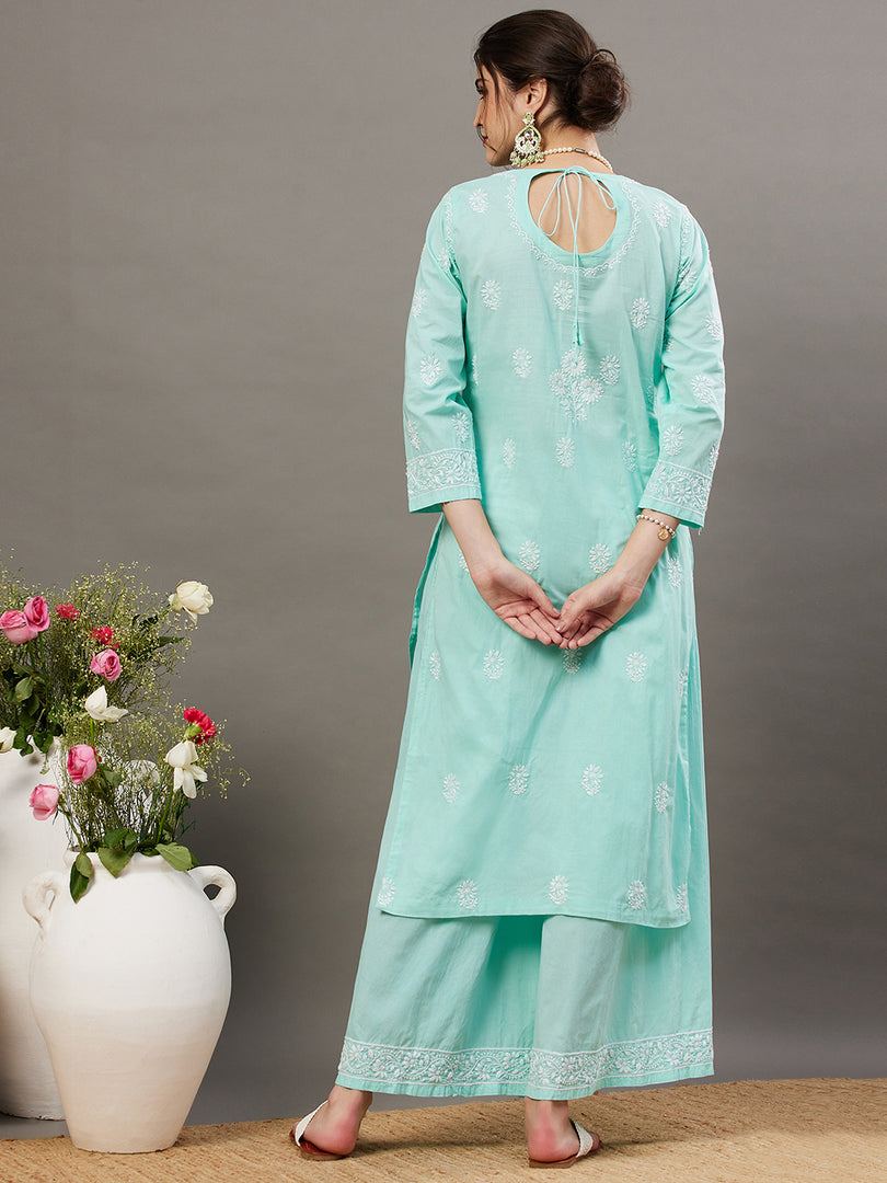 Sea green cotton chikankari kurta with back ties and palazzo set of 2 - Rakhi Apparels