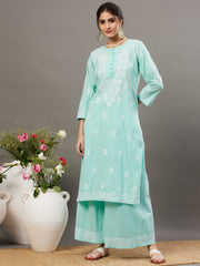 Sea green cotton chikankari kurta with back ties and palazzo set of 2 - Rakhi Apparels