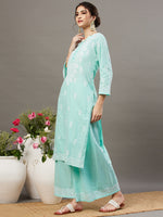 Load image into Gallery viewer, Sea green cotton chikankari kurta with back ties and palazzo set of 2 - Rakhi Apparels

