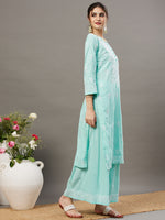 Load image into Gallery viewer, Sea green cotton chikankari kurta with back ties and palazzo set of 2 - Rakhi Apparels
