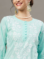Load image into Gallery viewer, Sea green cotton chikankari kurta with back ties and palazzo set of 2 - Rakhi Apparels
