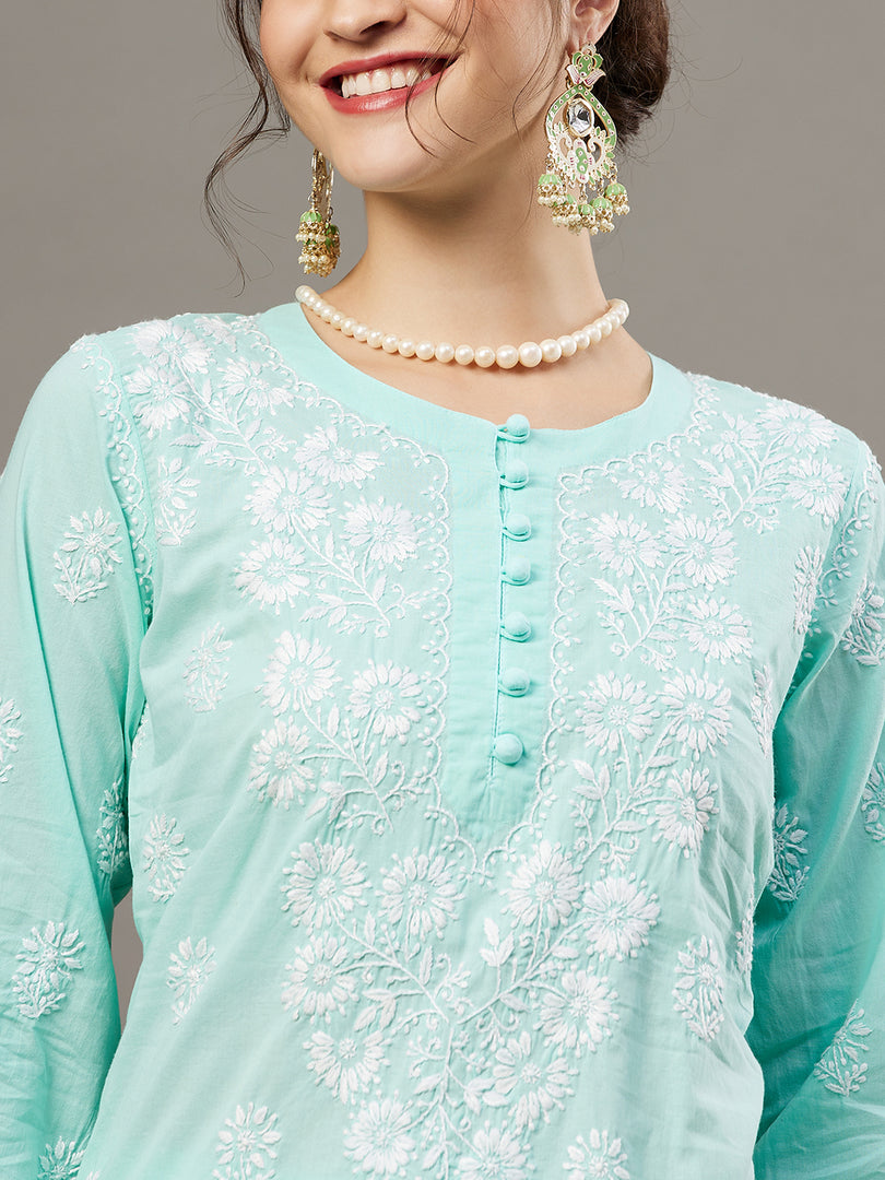 Sea green cotton chikankari kurta with back ties and palazzo set of 2 - Rakhi Apparels